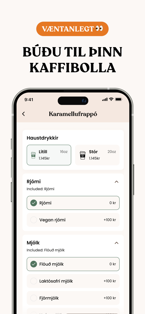 Te and Kaffi mobile app interface for customizing a coffee drink with size and milk options