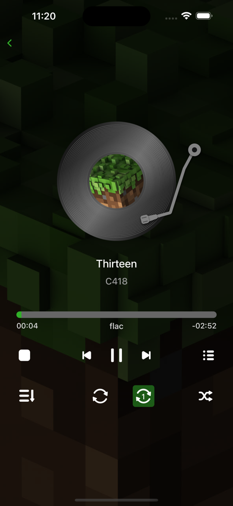 Musikplayer-Bildschirm der Temby Emby Client App, der einen FLAC-Audiotrack mit einer Vinyl-Schallplatten-Visualisierung anzeigt.