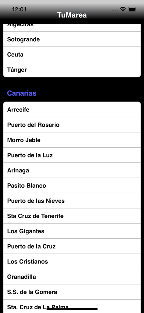 Lista de puertos españoles y ubicaciones de las Islas Canarias para información de mareas en la app TuMarea