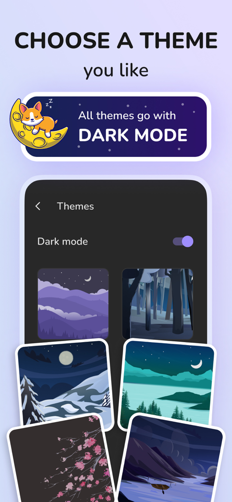 Daily Journal: Diary with Lock - ロック付き日記アプリのインターフェース、テーマ選択とダークモード設定を表示