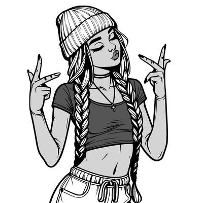 realistic teenage girl with braids and a beanie and crop top doing 🫶🏼