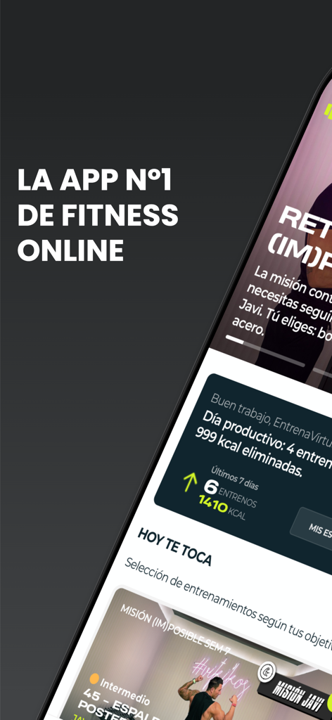Interfaz de la app Entrena Virtual mostrando metas de entrenamiento diario y programas de misión fitness en español
