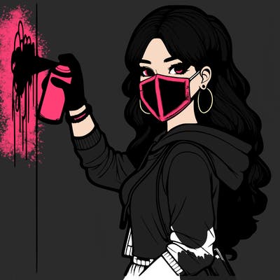 realistic girl with mask spray painting a wall