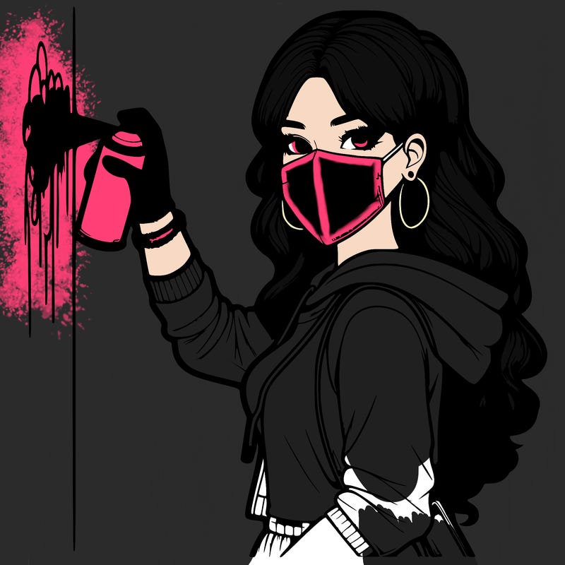realistic girl with mask spray painting a wall