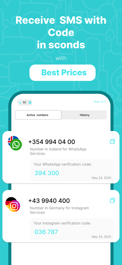 Interface of SimCode app displaying virtual numbers and verification codes for WhatsApp and Instagram