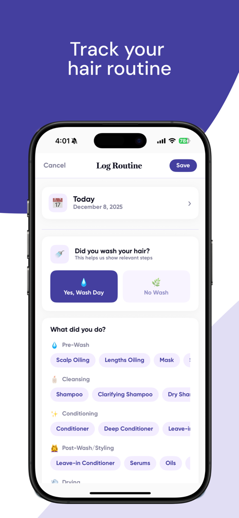 hair2hair - Hair Care Scanner - Interfaz de la aplicación hair2hair que muestra la pantalla de registro de rutina para rastrear días de lavado y tratamientos capilares