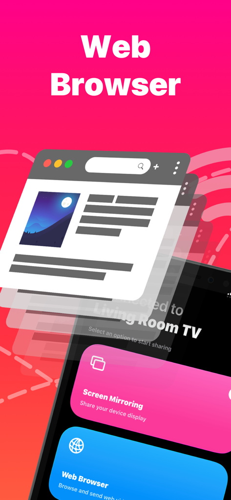 Replica app interface highlighting the web browser mirroring feature for casting to a TV