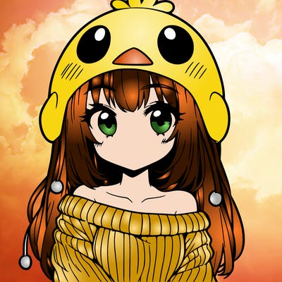 anime girl with chick shaped hat with sweater with bare shoulders with bangs covering them one eye with low tail