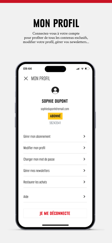 Marianne - Actualités & Débats - Écran de profil utilisateur de l'application d'actualités Marianne avec les options de gestion de compte et le statut de l'abonnement.