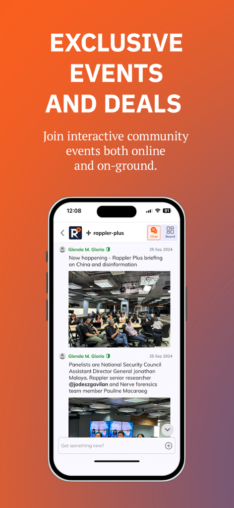 Rappler: PH News & Community - Rappler app interface showing exclusive community events and interactive chat feed.