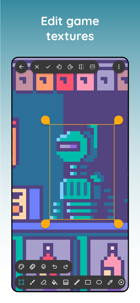 Pixel art maker - Inktica - Inktica mobile app interface showing the pixel art editor used for creating game textures
