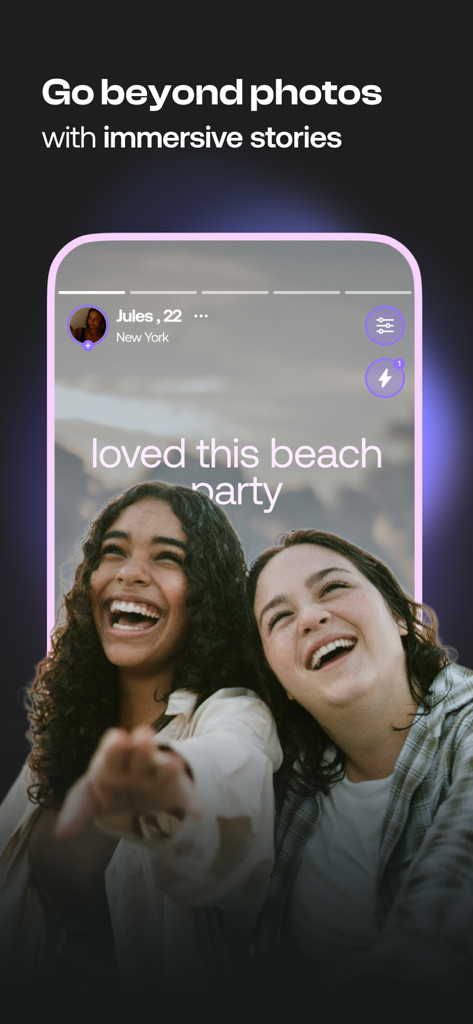 Capture d'écran de l'interface de l'application de rencontres Feels présentant des profils immersifs basés sur des histoires pour les utilisateurs de la génération Z.