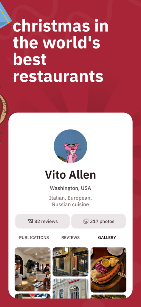 Tela de perfil de usuário do aplicativo Restaurant Advisor mostrando uma galeria de fotos de comida e do interior de restaurantes para um usuário chamado Vito Allen.