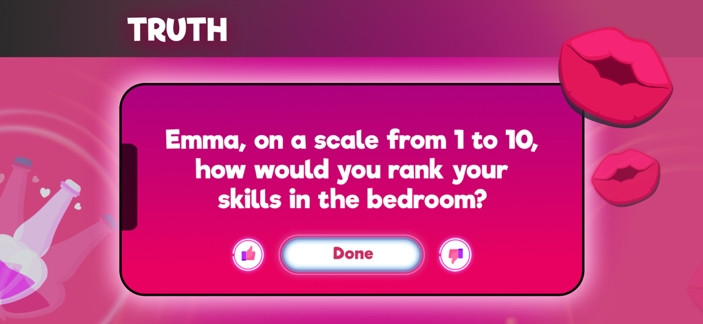 Spin the Bottle! play ’n kiss - A truth prompt screen from the Spin the Bottle mobile party game app asking a personal question on a pink background.