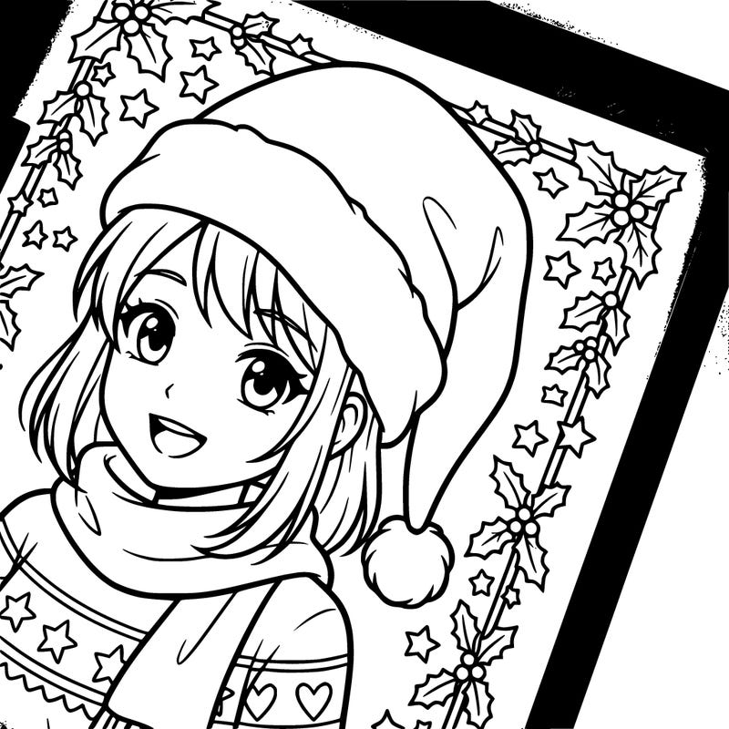 christmas anime girl she’s wearing a red santa hat