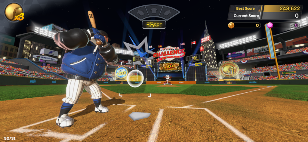 홈런 더비 챌린지 중 밤 경기장에서 스윙을 준비하는 야구 타자