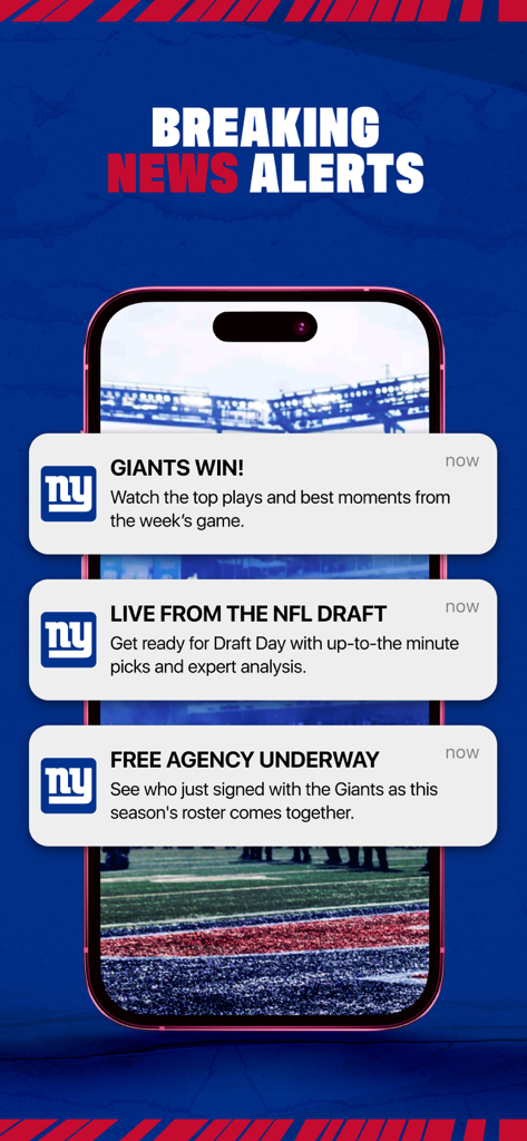 Smartphone screen showing breaking news alerts and push notifications from the New York Giants official mobile app.