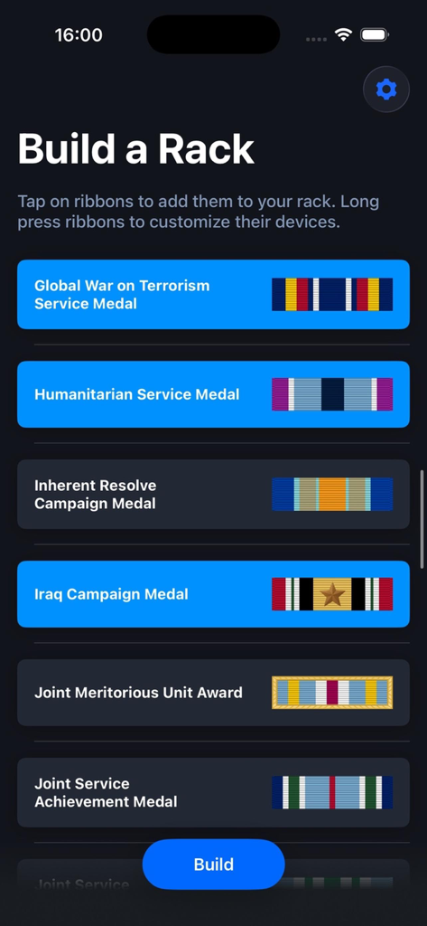 Rack Builder Pro - Mobile app screen showing a list of US military ribbons with options to add them to a ribbon rack.