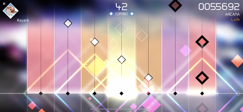 VOEZ - VOEZ gameplay showing colorful dynamic tracks and falling diamond notes during a song.