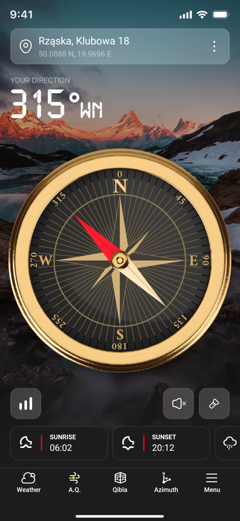 A golden digital compass showing direction and location coordinates with a mountain landscape background.