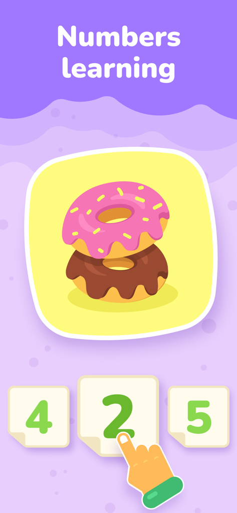 LogicLike app screenshot showing a numbers learning game where a child counts donuts