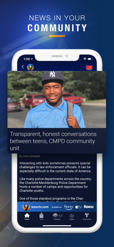 WSOC-TV News - WSOC-TV News app showing a local story about community conversations between teens and police