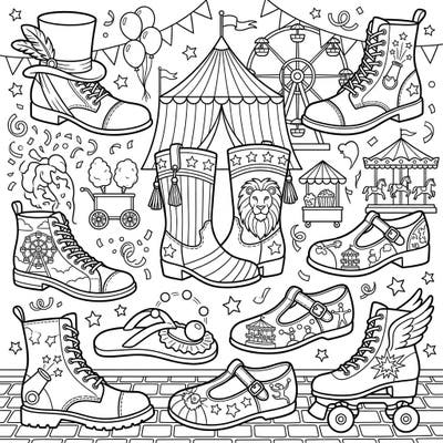 Get ready for a vibrant journey to the big top with this unique carnival-themed footwear coloring page for kids! Little artists will love bringing life to boots, sneakers, and sandals adorned with exciting circus scenes and characters.