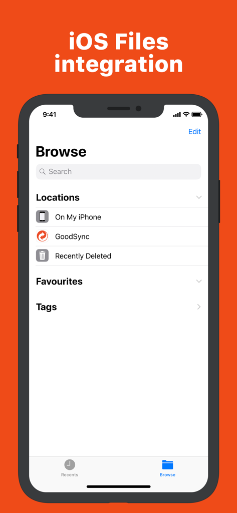 GoodSync - GoodSync app shown as a location within the iOS Files browse menu