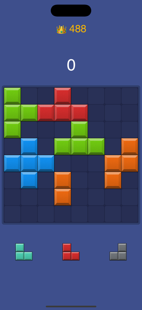 BlockFit for Watch Puzzle - Interfaz del juego de rompecabezas BlockFit con bloques de colores y un contador de puntuación