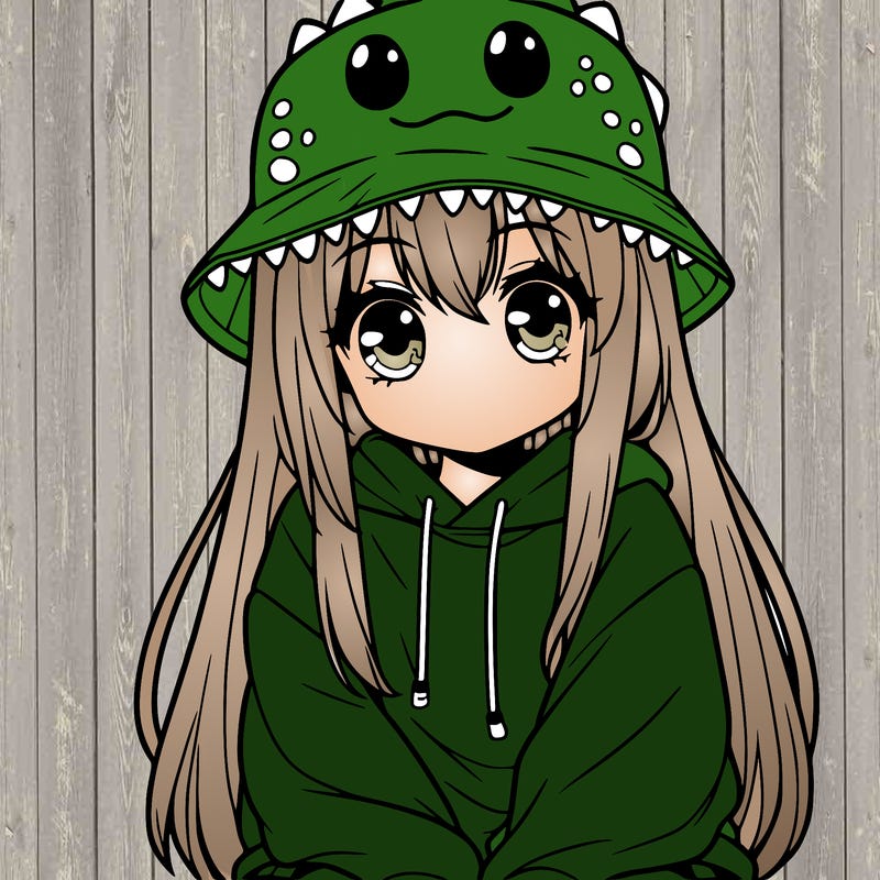 girl with anime shaped eyes with a dinosaur bucket hat oversized sweatshirt long straight hair