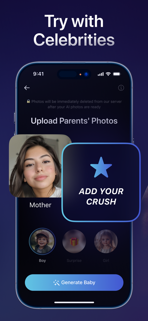 Future Baby Face Generator AI - Future Baby Face Generator app interface showing photo upload for mother and add your crush button