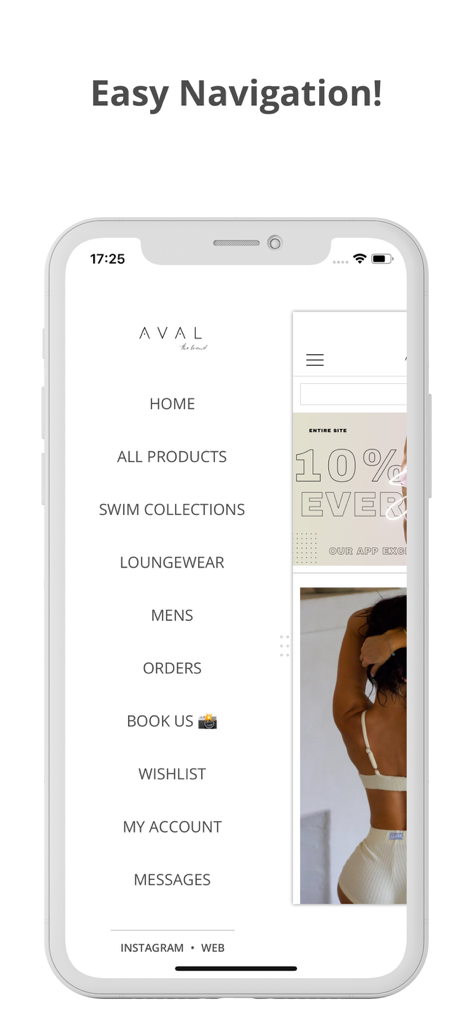 AVAL THEBRAND - A screenshot showing the easy navigation menu of the AVAL THEBRAND mobile app with categories like Swim Collections and Loungewear.