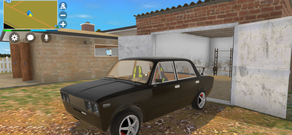 A black sedan parked in front of a garage in the My Broken Car Online game interface.