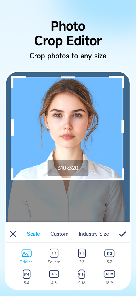 Background Remover - Erase BG - ポートレート画像のアスペクト比オプションが表示された写真トリミングエディタのモバイルアプリインターフェイス