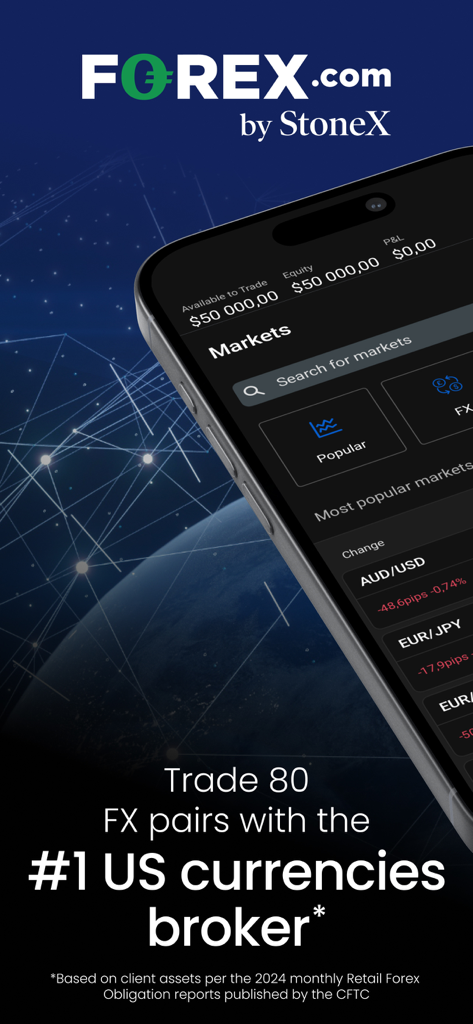 Uno smartphone che visualizza l'interfaccia dell'app FOREX.com con testo che la evidenzia come il broker di valute numero uno negli Stati Uniti.