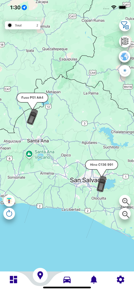 POLARIS GPS - Echtzeit-Flottenverfolgung, Kartenoberfläche mit Fahrzeugstandorten und Status