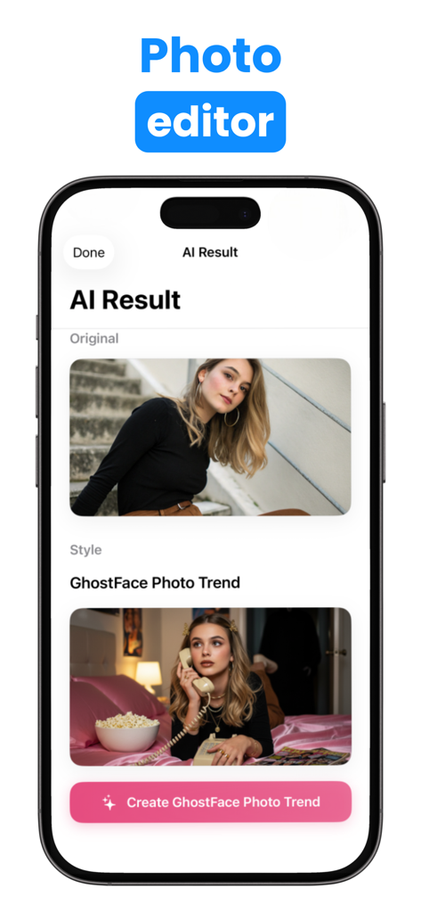 Astra AIアシスタントモバイルアプリのインターフェイス。GhostFaceトレンドスタイルを使用したAIフォトエディターを紹介しています。
