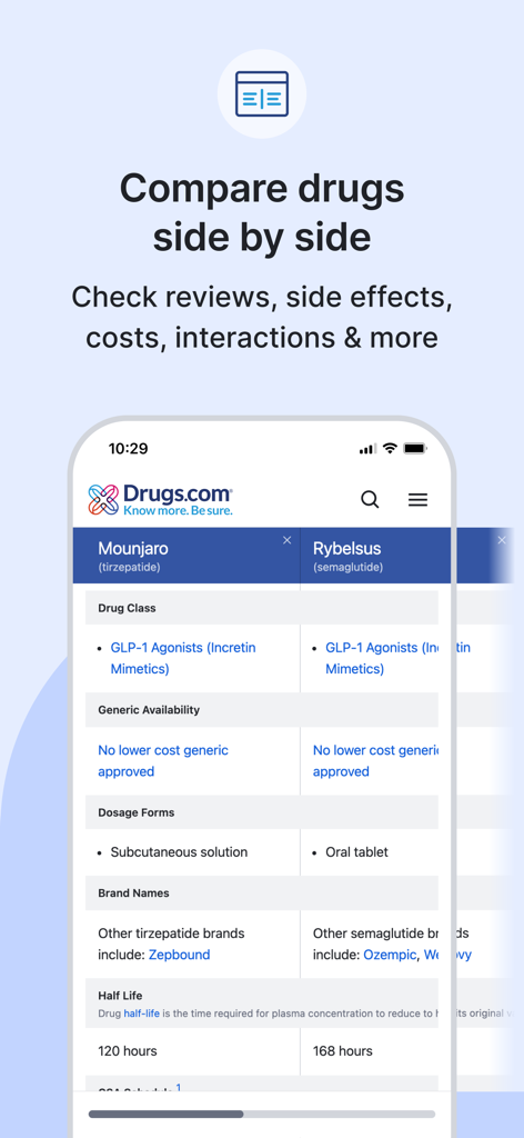 Drugs.com Medication Guide - Side by side comparison of Mounjaro and Rybelsus medications on the Drugs.com app