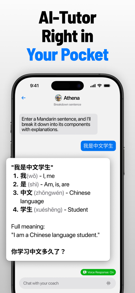 Victor AI - Language Learning - A smartphone screen showing an AI tutor breaking down a Mandarin sentence in the Victor AI language learning app.