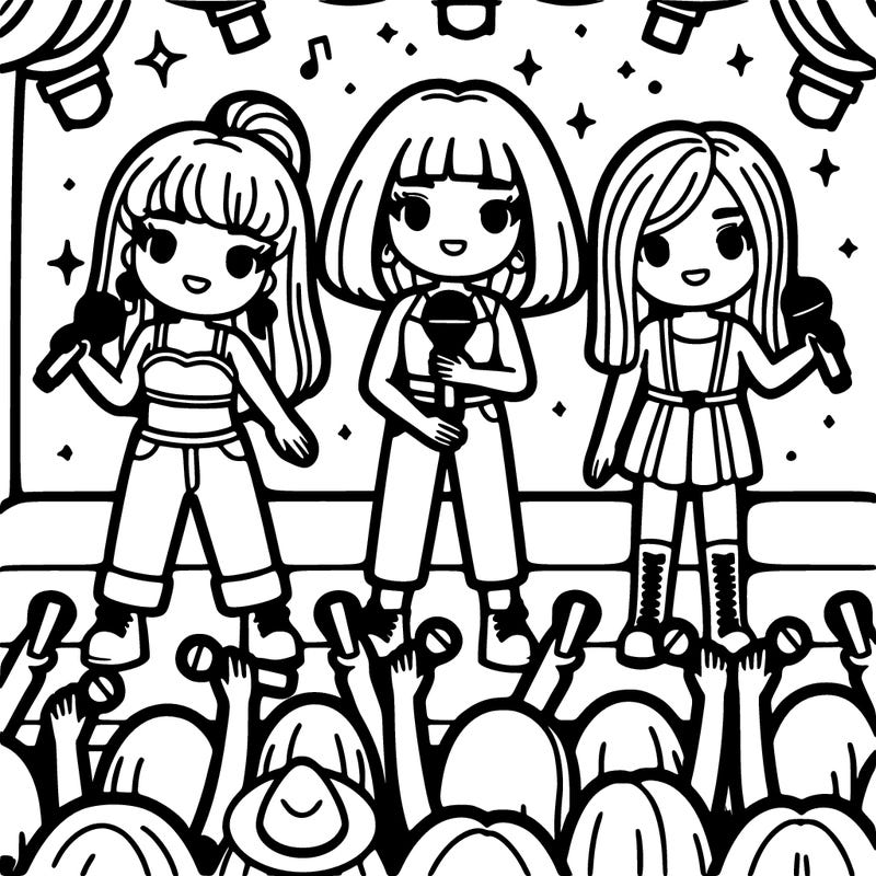 3 girls holding mics on stage with lots of fans