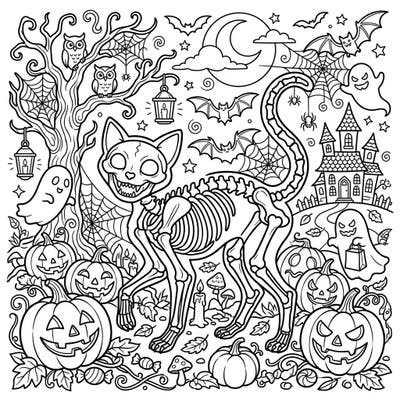 Unleash your creativity with this detailed Halloween coloring page featuring a grinning cat skeleton at its spooky heart. Surrounded by classic festive elements, it's perfect for a fun, artistic celebration.