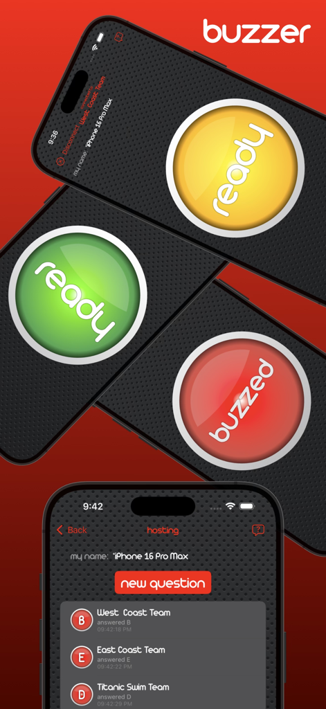 Buzzer - Interface of the Buzzer app showing player buzzer buttons in ready and buzzed states alongside the host dashboard tracking team responses.