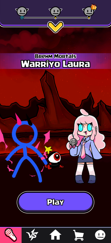 Beat Stage - Battle Duel - Pantalla del juego de ritmo Beat Stage mostrando personajes para la canción Warriyo Laura con un botón de reproducción