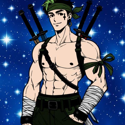21 year old man, earring in his left ear, 3 swords on the right side of his belt, bandana tied on his left arm, pants, no shirt, hip warmer, abs, muscles