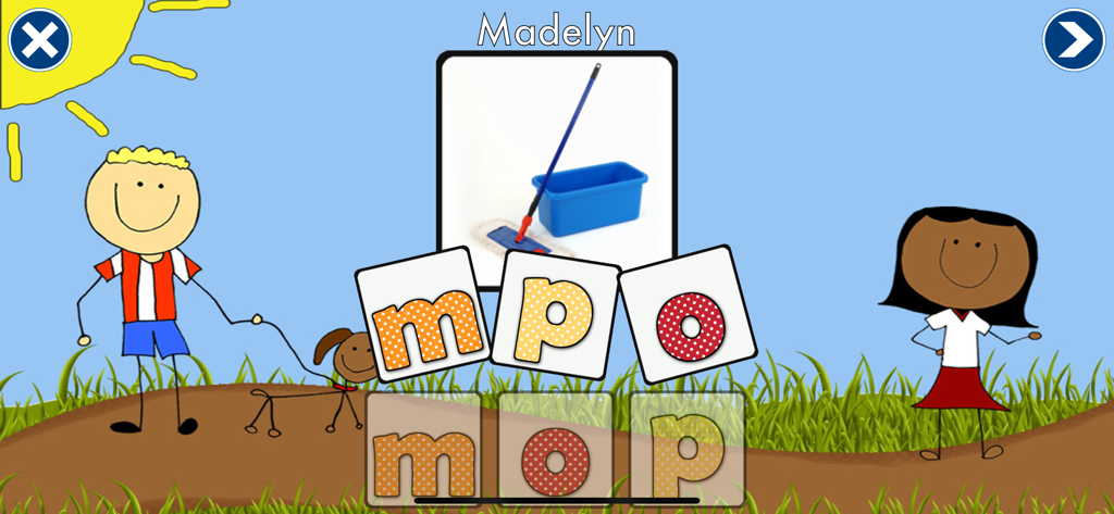 Sound It Out - A educational game screen from the Sound It Out app showing a child spelling the CVC word mop with letter tiles below a picture of a mop
