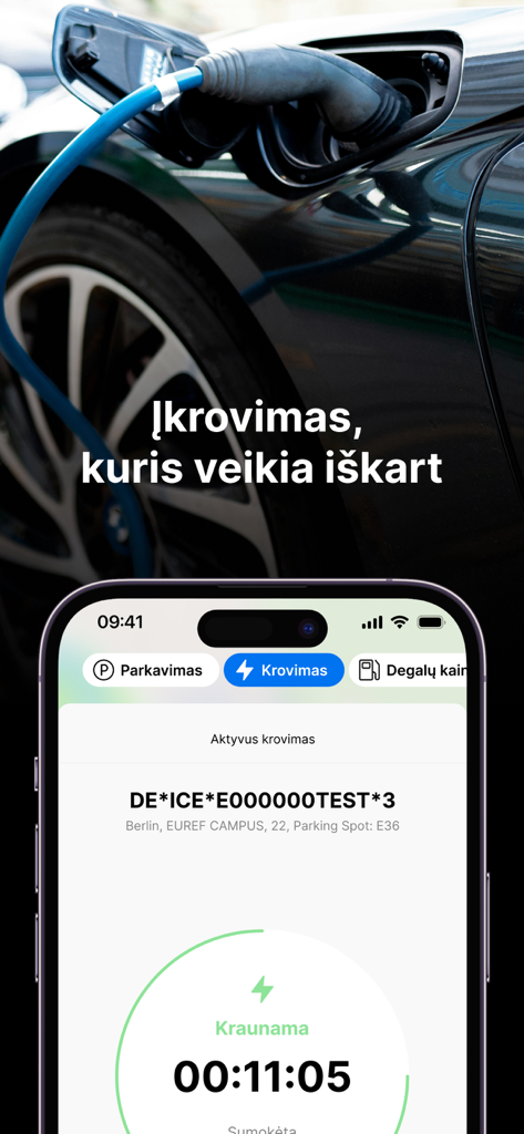 carOne - Mobile app interface showing real time electric vehicle charging status and timer