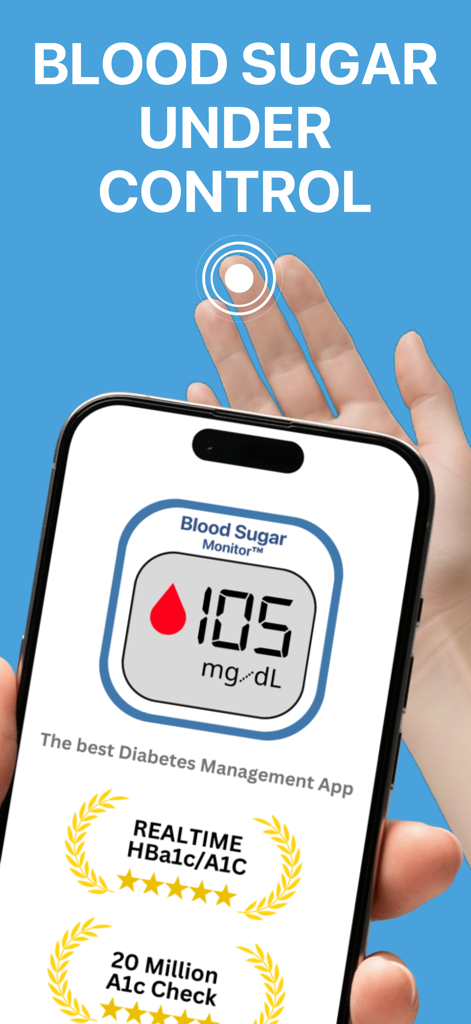 Blood Sugar Monitor Free of ad - Un smartphone que muestra una lectura de glucosa en sangre de 105 mg/dL en la aplicación Sugar Monitor con un fondo azul y una mano tocando la pantalla.