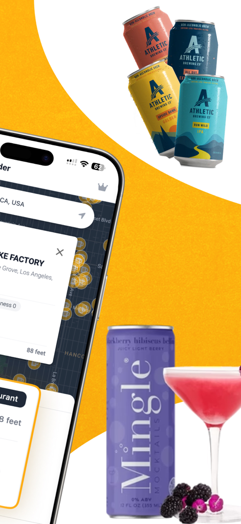 NA Beer Finder - NA Beer Finder app map showing nearby locations for non-alcoholic beer and mocktails.