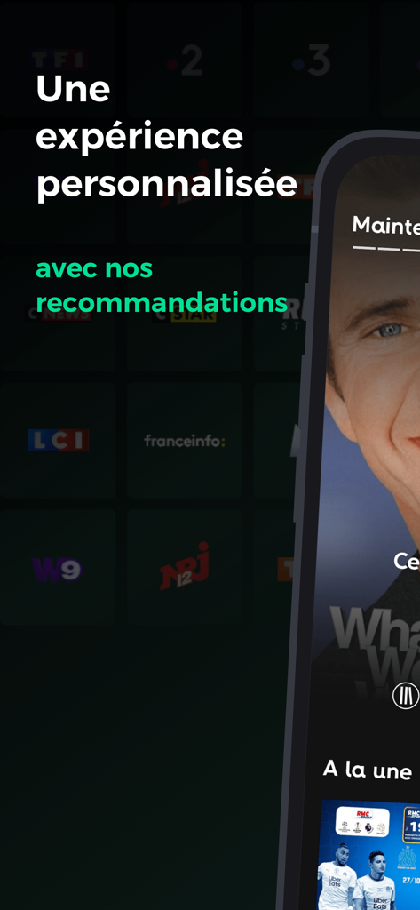 Screenshot der RED TV-App, der personalisierte Empfehlungen mit Logos verschiedener französischer Fernsehsender im Hintergrund anzeigt