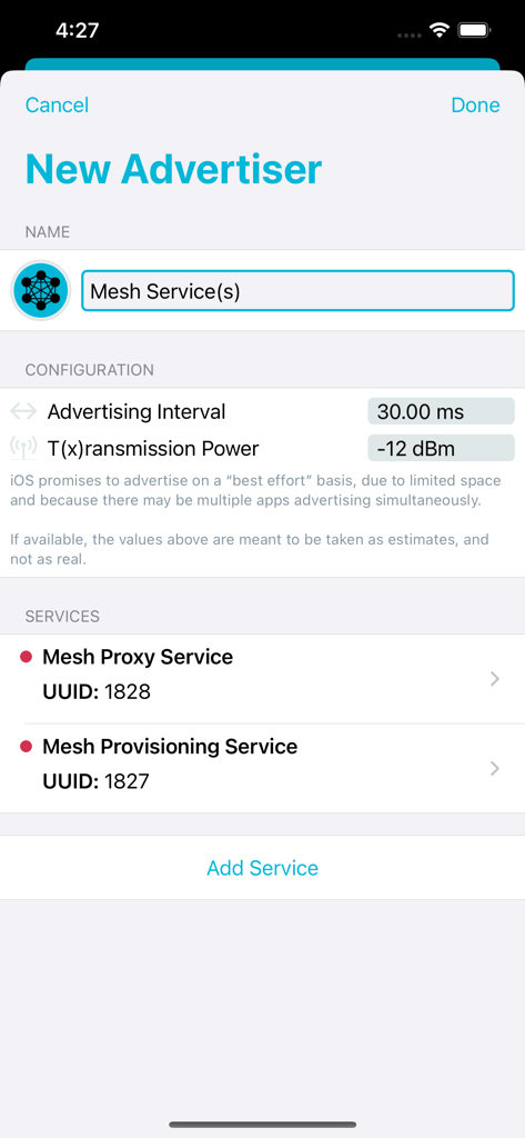 Interface for configuring a new Bluetooth Low Energy advertiser with Mesh Proxy and Provisioning services in the nRF Connect app.